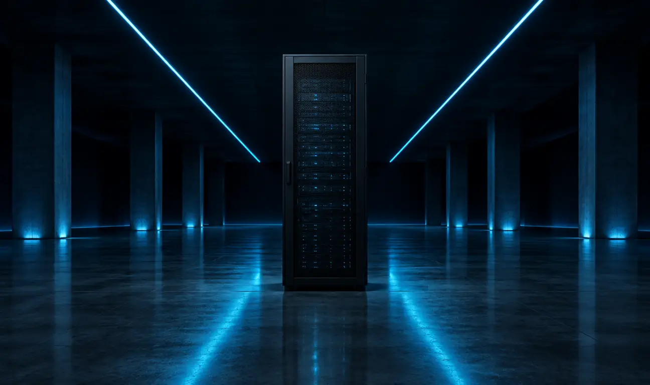 Rack de servidores sozinho em um salão escuro com luz azul
