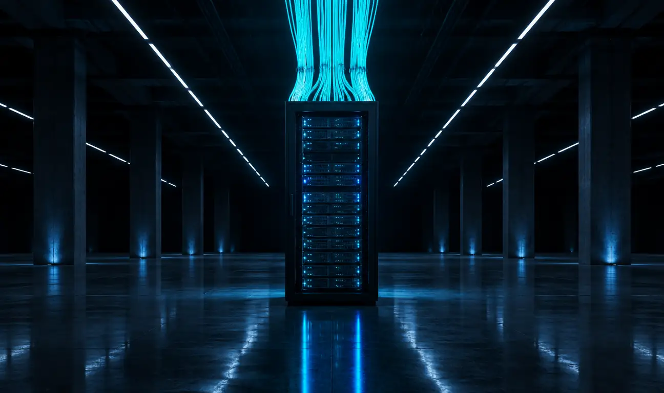 Rack com feixes de fibra óptica saindo pelo topo