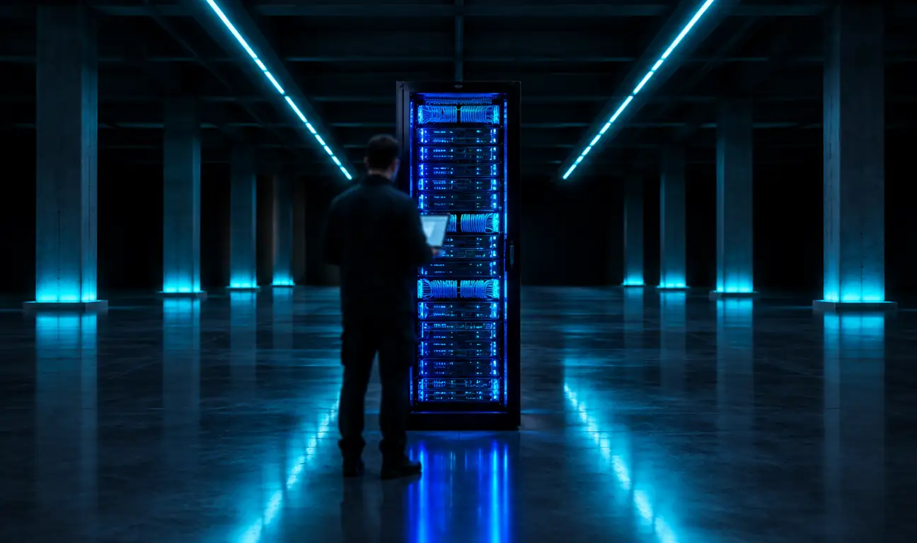 Técnico trabalhando em um rack iluminado em azul