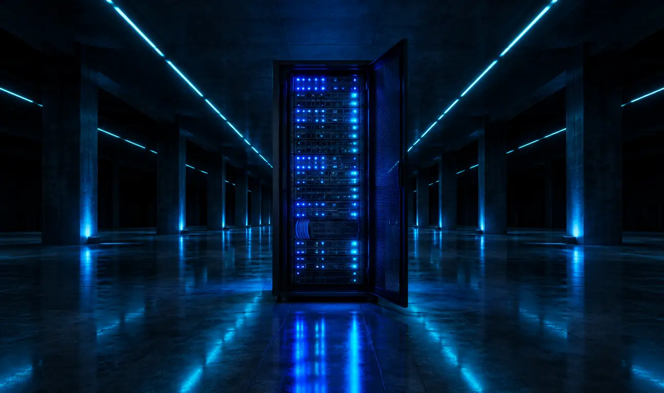Rack aberto com servidores acesos em azul