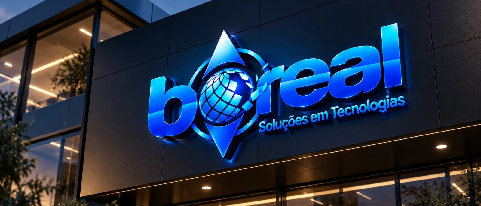 Fachada envidraçada da sede da Boreal com a logo iluminada